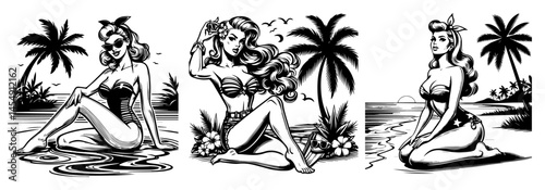pin-up style vector of women in swimsuits sitting by the sea, tropical black and white line drawing