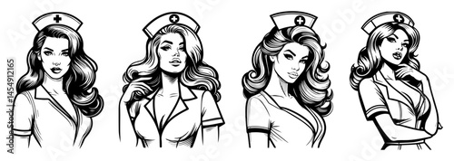 Classic Nurse Pin‑Up Portrait Collection – Retro Medical Vector Set
