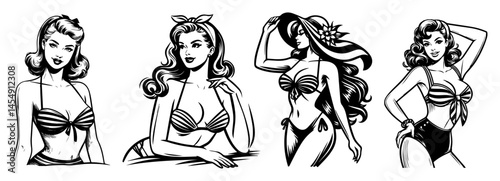 set of sexy women in vintage swimsuits, pin-up vector style, black and white illustration
