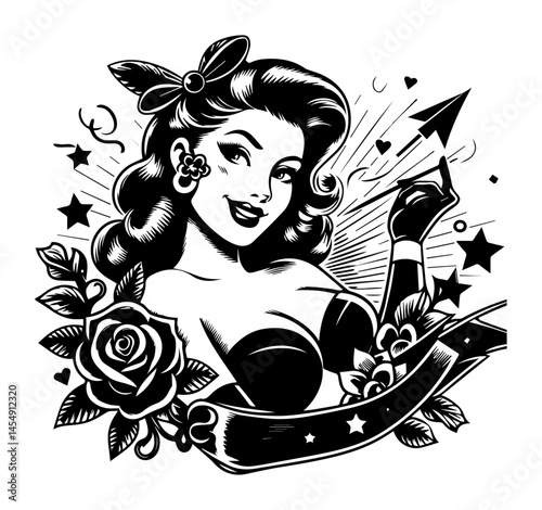 pin-up girl with flowers, paper plane and stars, vintage tattoo-style black vector