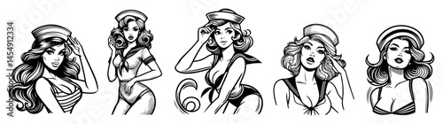 Vector pin-up sailor girls in retro style illustration