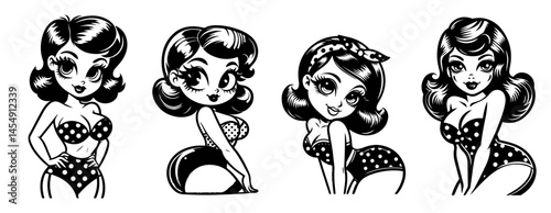 set of pin-up girls in retro bikini style, black and white cartoon vector illustration