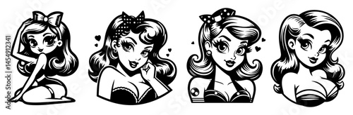 cartoon-style portraits of glamorous retro pin-up girls, black and white vector