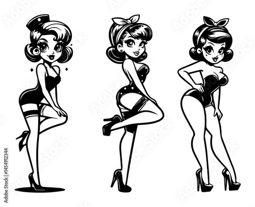 Vector illustration of glamorous pin-up girls in high heels, drawn in vintage style, perfect for retro and tattoo designs