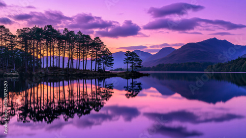 A calm lake reflecting a purple and pink sunset with distant pine trees.