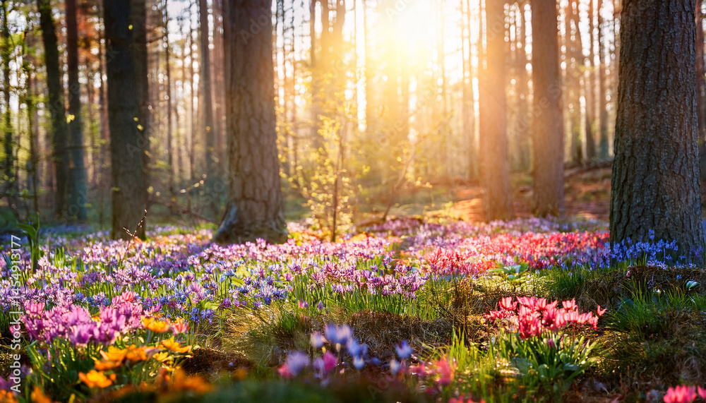 Obraz premium sunlit forest filled with colorful spring flowers and wildflowers captured in beautiful nature photography