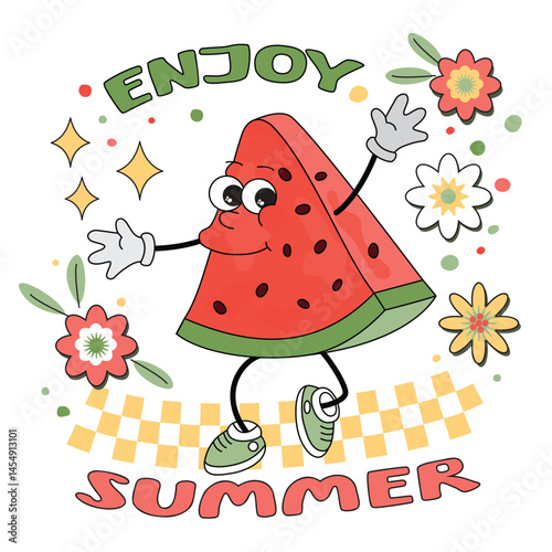 Enjoy Summer card with groovy watermelon, flowers. Funny fruit character with emotion, with arms, legs and face, in active pose. Red, green,yellow and black colors. Vector design for banners, posters.