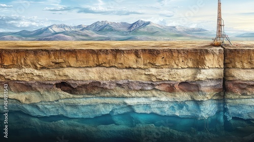 Cross-section of earth's strata with drilling rig.  Geological layers visible, reflecting in water below.  Mountains in the distance