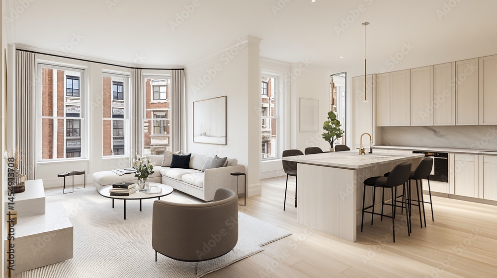 Fototapeta premium Modern apartment interior, city views