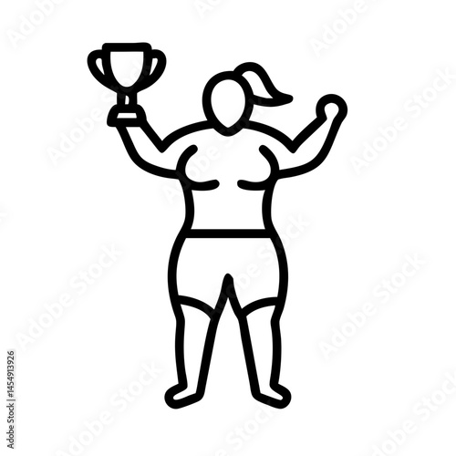 Plus-sized female athlete celebrating victory with trophy, icon, vector  