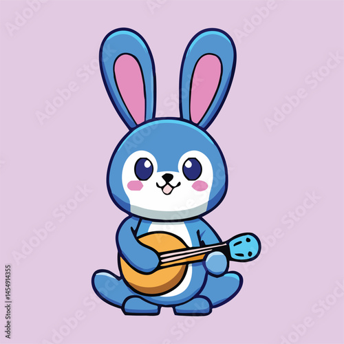 Cute blue rabbit character sits and plays a small lute musical instrument happily
