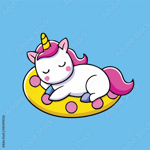 Cartoon unicorn with pink mane and yellow horn is peacefully sleeping on float