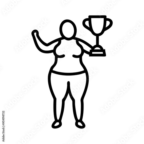 Overweight female athlete celebrating victory with trophy, icon, vector  