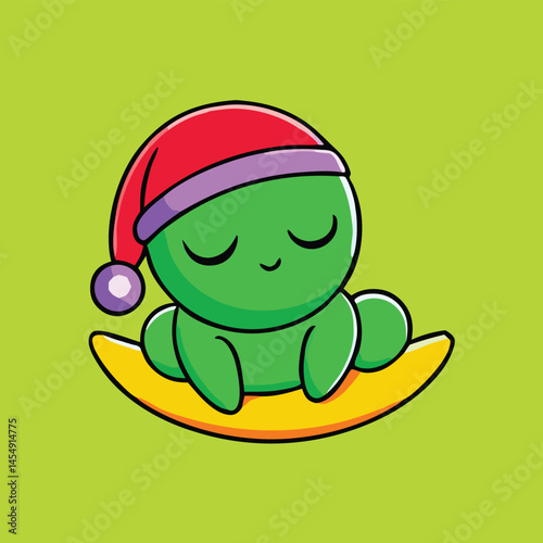 Green cartoon character with Christmas hat sleeping on a banana is peacefully dreaming