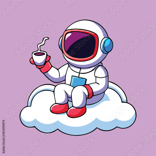 Relaxing astronaut wearing spacesuit sitting on a cloud drinking hot beverage on light purple backdrop
