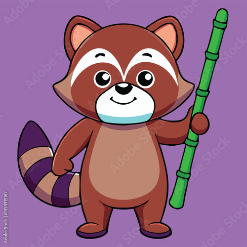 Cartoon raccoon stands happily while holding a green bamboo stick on a purple background