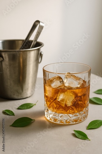 Refreshing Beverage Served in a Crystal Glass With Ice and Nearby Garnish in ...