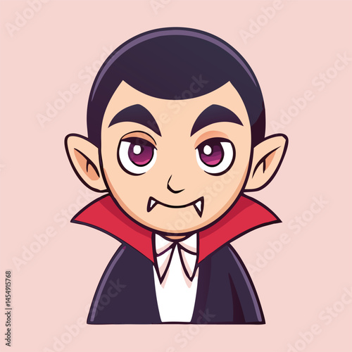 Cartoon vampire with dark hair, purple eyes, and two pointy teeth is smiling