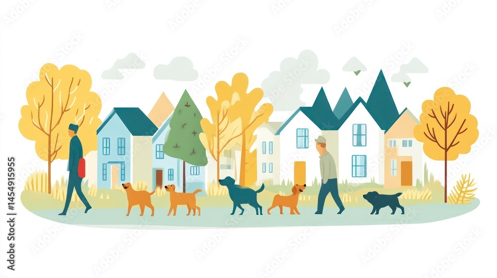 Fototapeta premium People Walking Dogs in a Serene Neighborhood Scene with Houses and Trees