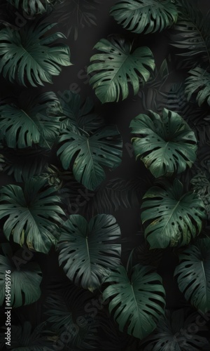 Intricate black background, lush dark green exotic leaves, tropical wallpaper , tropical, exotic