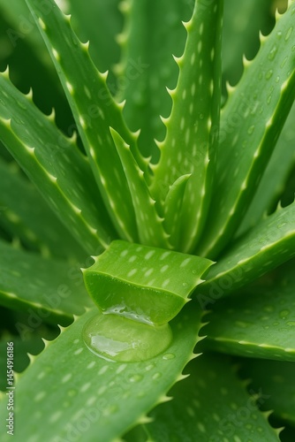 Close up of Fresh Aloe Vera Leaves With Droplets of Water on a Sunny Day