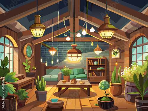 vector of Cozy and modern lighting in a rustic room