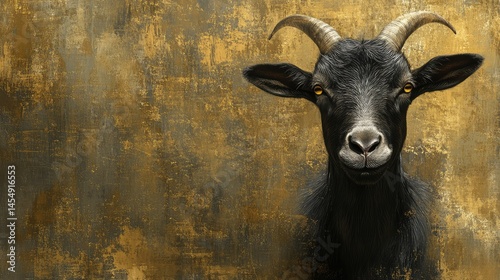 Dark goat stares intensely.  Intriguing portrait of a black goat with golden eyes against a textured golden background