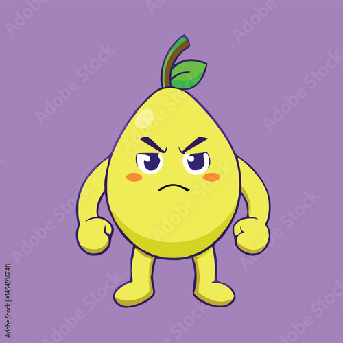 An angry yellow pear cartoon character stands on a purple background with attitude