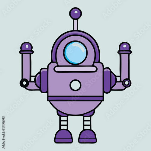 The purple robot with outstretched arms stands ready for adventure on an abstract background