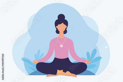 Brunette woman wearing a necklace is practicing yoga in a lotus position on the mat