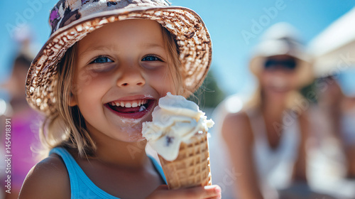Kids and parents enjoying ice cream on a sunny day.
