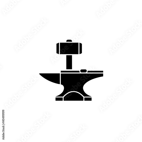 Flat minimalistic vector icon on transparent background. Blacksmith anvil and hammer symbolizing metalworking