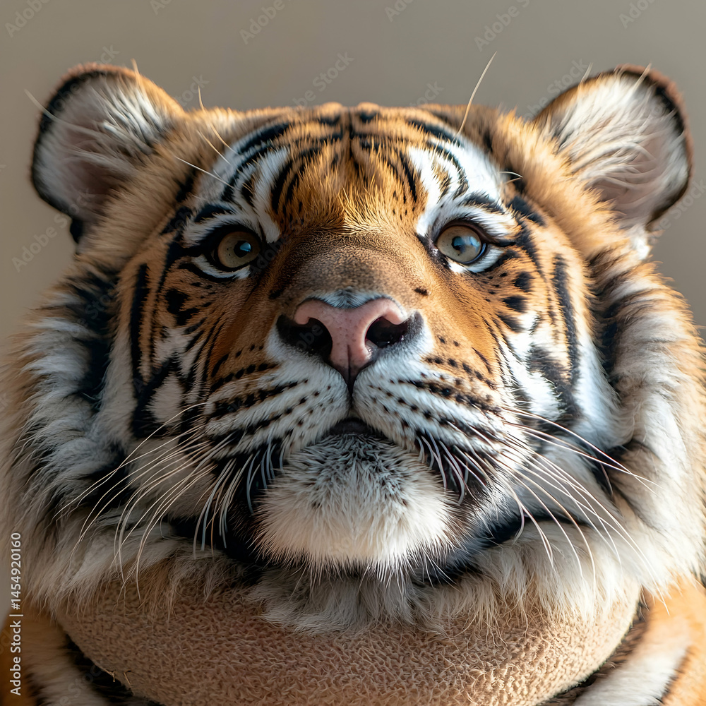 Naklejka premium A majestic tiger close-up portrait. Capture the essence of the wild. Great for wildlife photography prints or educational materials. Its beauty is astounding.