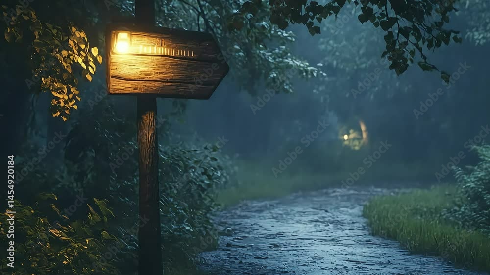 A serene forest path illuminated by a glowing signpost, surrounded by lush greenery in the rain
