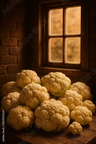 Freshly Harvested Cauliflowers Stacked Near a Rustic Window on a Warm Afternoon