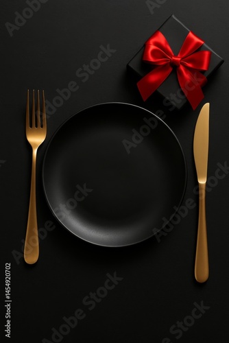 Elegant Dinner Setup With a Gift Box and Gold Utensils on a Black Background