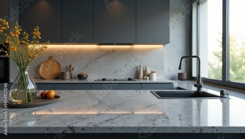 Sleek gray granite countertop, modern kitchen, new, cabinets