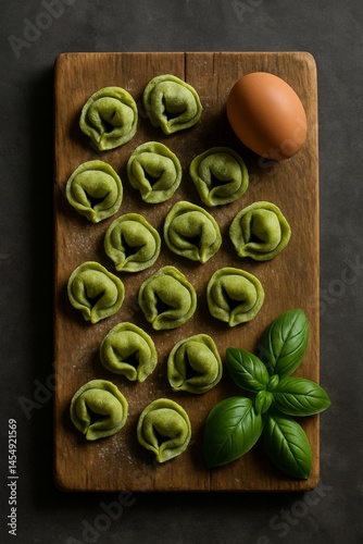 Homemade Green Dumplings Prepared on a Wooden Board With Fresh Ingredients in...
