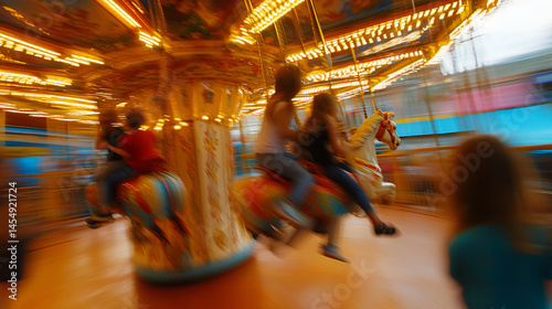 Kids having fun on a colorful carousel at an amusement park.