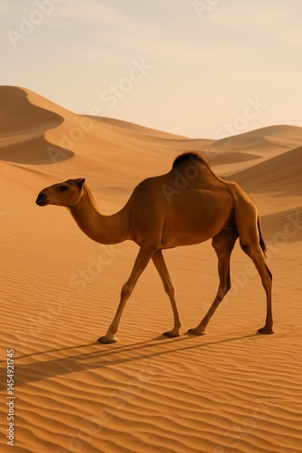 Camel Walking Across Golden Sand Dunes in a Vast Desert Under a Clear Blue Sky
