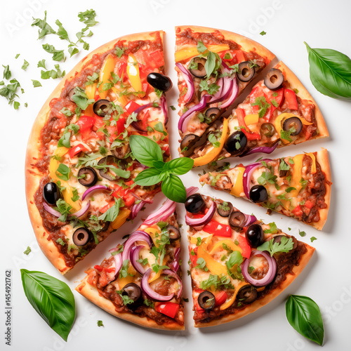 round vegan pizza with vegetables cut into pieces, top view on white background