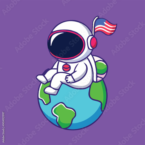 Cartoon spaceman with American flag joyfully sits atop the Earth on purple background