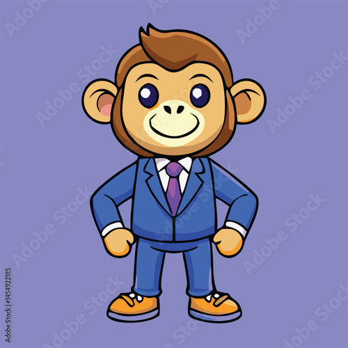 Cartoon monkey standing in a blue suit looks confident and professional against solid backdrop
