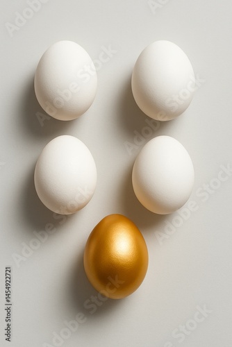 Unique Arrangement of White and Golden Eggs on a Neutral Background for Creat...