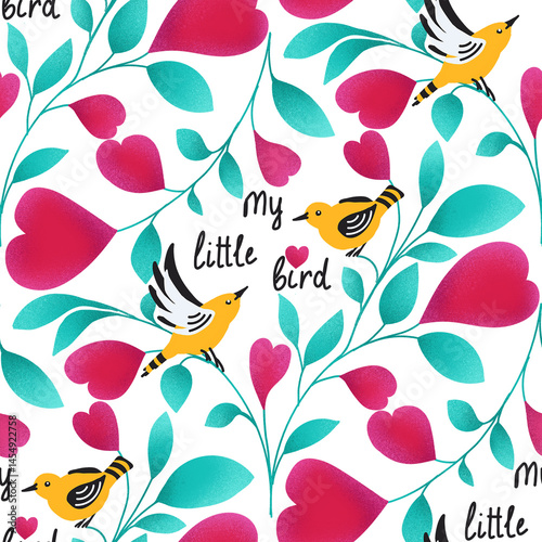 Seamless textile pattern featuring colorful birds and floral elements