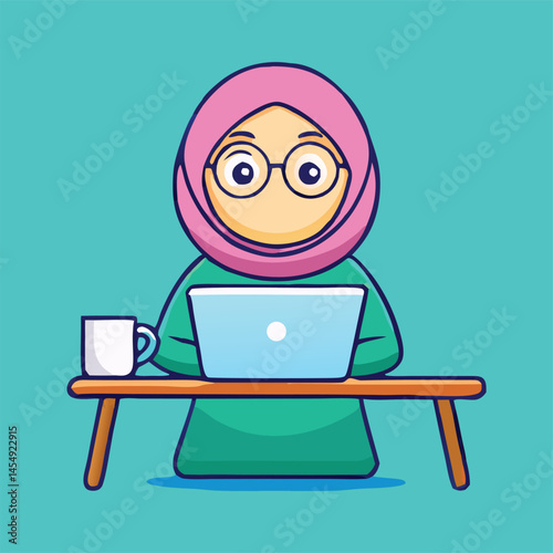 Muslim woman wearing pink hijab and glasses works on laptop with nearby coffee mug