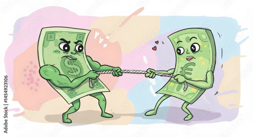 Obraz premium Digital Vector Art of Economic Struggle - Dollar and Euro Cartoon Conflict in Minimalist Design