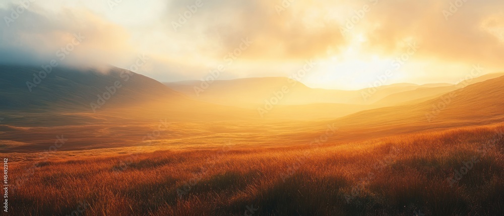 Sunlight illuminates golden grassland with rising mountains creating an ethereal, atmospheric landscape. Sunlight illuminates golden grassland with rising mountains creating an ethereal, atmospheric landscape.