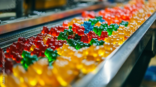 A conveyor belt full of colorful gummy bears being sorted in a candy factory.