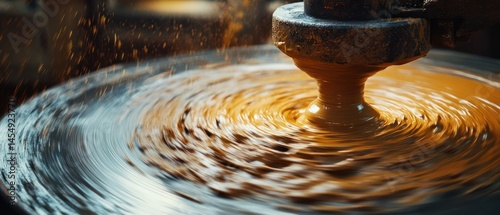 Millstone grinds sesame seeds, creating a swirl of tahini within industrial equipment.